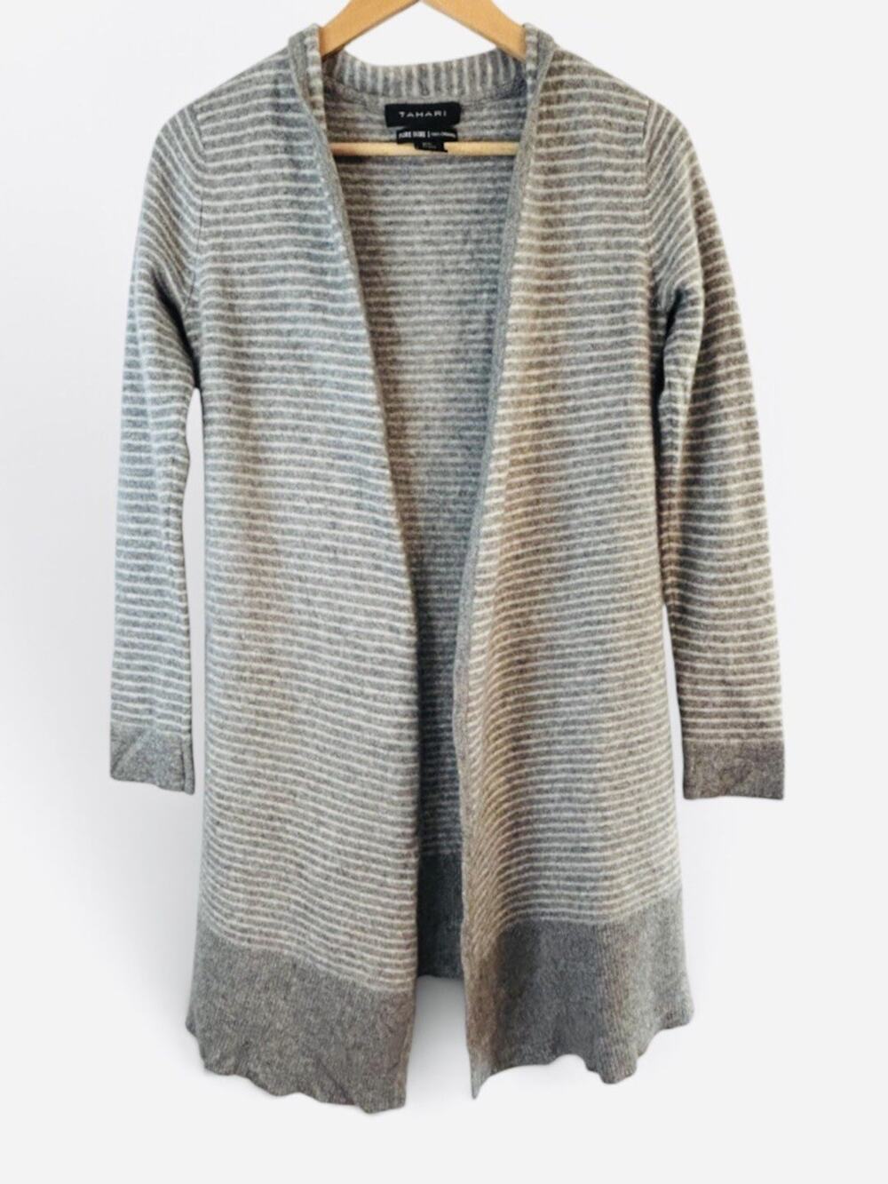 Tahari Pure Luxe 100% Cashmere Gray/White Striped Open Cardigan w Pockets M Cozy